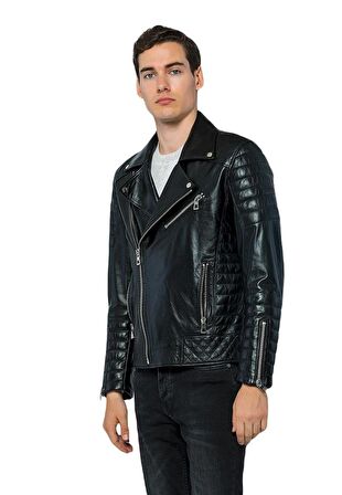 Basics&More Erkek Motorcu Hakiki Deri Ceket - 6735