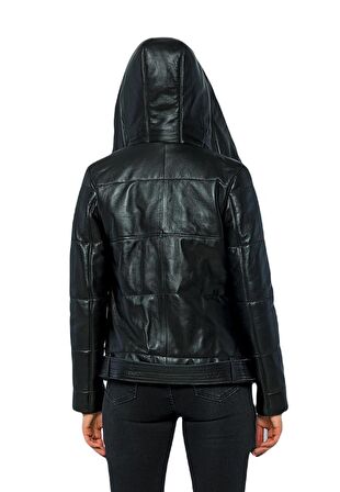 Basics&More Kadın Kapüşonlu Şişme Hakiki Deri Ceket - ELLE