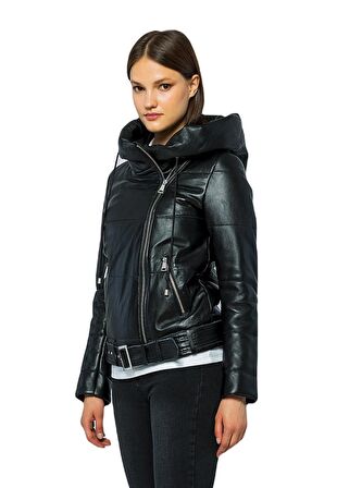 Basics&More Kadın Kapüşonlu Şişme Hakiki Deri Ceket - ELLE