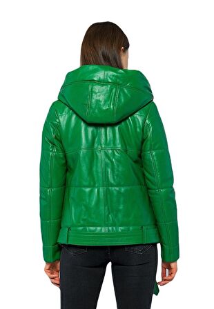 Basics&More Kadın Kapüşonlu Şişme Hakiki Deri Ceket - ELLE