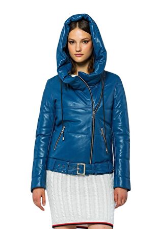 Basics&More Kadın Kapüşonlu Şişme Hakiki Deri Ceket - ELLE