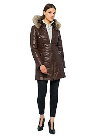 Basics&More Kadın Kürklü Kapüşonlu Deri Ceket BDR020