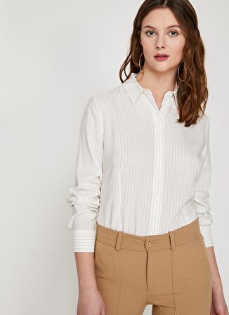 Koton Çizgili Ekru Kadın Gömlek
