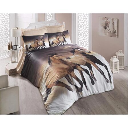 Komfort Home 3D Çift Kişilik Pamuk Saten Nevresim Takımı (Horse)