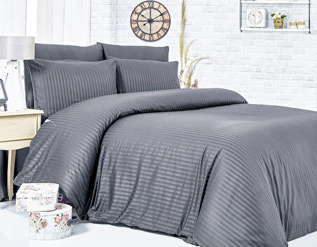 Komfort Home Çizgili Pamuk Saten Yastık Kılıfı (2 Adet) (Antrasit)