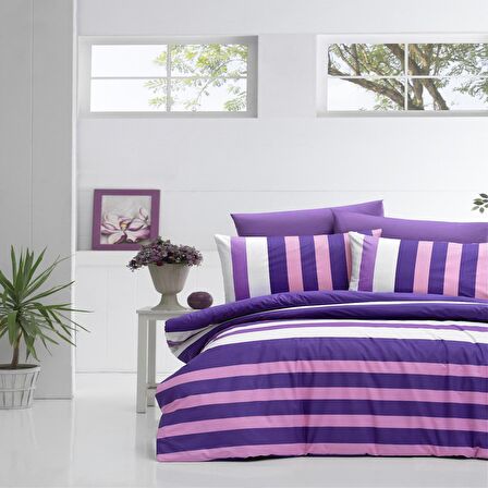 Komfort Home Çift Kişilik Ranforce Nevresim Takımı (Stripe Lila)