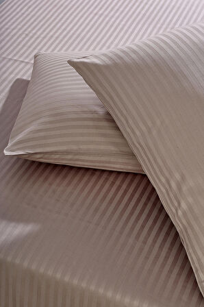 Komfort Home Çift Kişilik Çizgili Pamuk Saten Çarşaf Seti / Sütlü Kahve