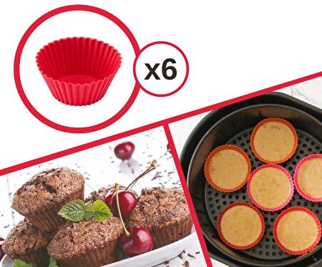 SİLİCOLİFE Airfryer Silikon Kek Muffin Kalıbı 6’lı, Tüm Hava Fritözleriyle Uyumlu