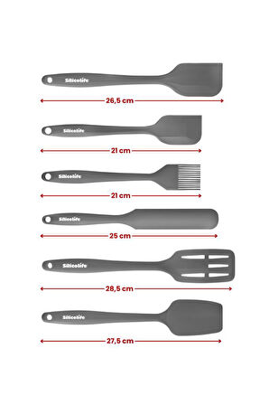 Silikon Mutfak Seti 6’lı, Isıya Dayanıklı Yanmaz Yapışmaz Silikon Spatula Seti 6 Parça Gri