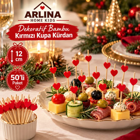 Dekoratif Bambu Kırmızı Kupa Kürdan 12 CM 50'li Paket