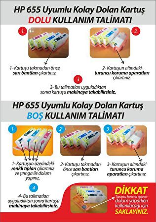 HP 655 UYUMLU Kolay Dolan Kartuşları (DOLU) 4615/ 5525/ 6625/ 3525 Uyumlu