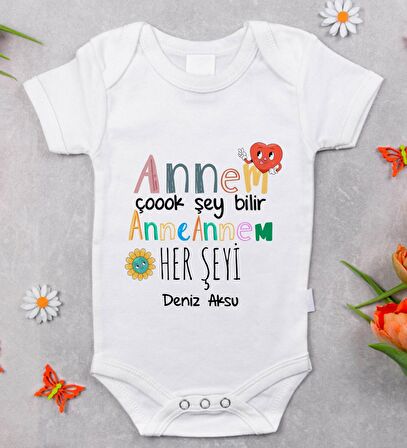 BK Kids İsimli Annem Çok Şeyi Bilir Tasarımlı Bebek Body Zıbın - Model 1
