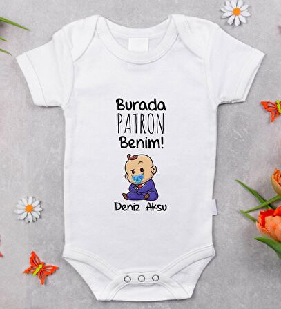 BK Kids İsimli Burada Patron Benim Tasarımlı Bebek Body Zıbın - Model 1