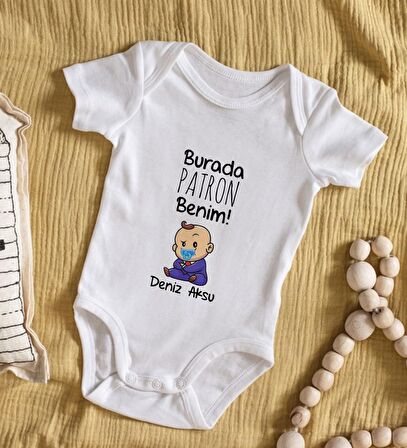 BK Kids İsimli Burada Patron Benim Tasarımlı Bebek Body Zıbın - Model 1