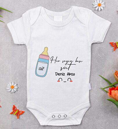 BK Kids İsimli Her Şeyin Başı Süt Tasarımlı Bebek Body Zıbın - Model 1