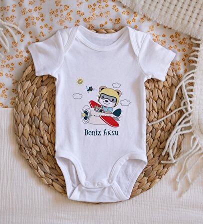 BK Kids İsimli Sevimli Pilot Tasarımlı Bebek Body Zıbın - Model 1