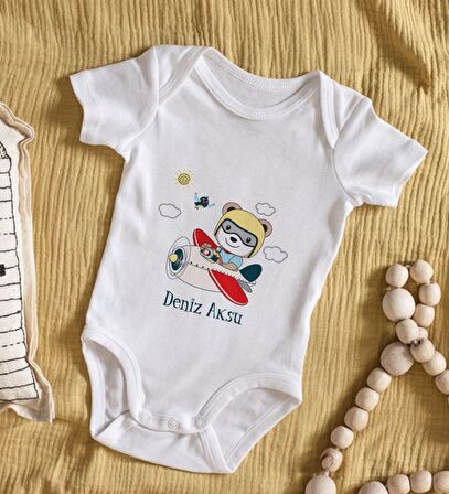 BK Kids İsimli Sevimli Pilot Tasarımlı Bebek Body Zıbın - Model 1