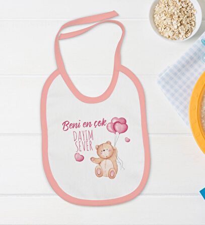 BK Kids Beni En Çok Dayım Sever Tasarımlı Pembe Bebek Body Zıbın ve Mama Önlüğü Hediye Seti-1