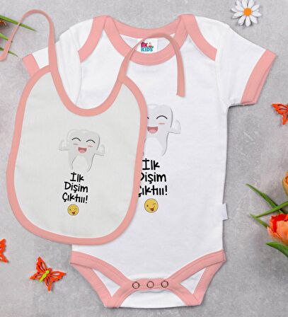 BK Kids İlk Diş Tasarımlı Pembe Bebek Body Zıbın ve Mama Önlüğü Hediye Seti-1
