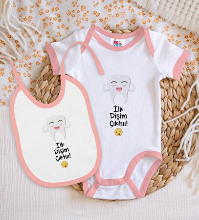 BK Kids İlk Diş Tasarımlı Pembe Bebek Body Zıbın ve Mama Önlüğü Hediye Seti-1