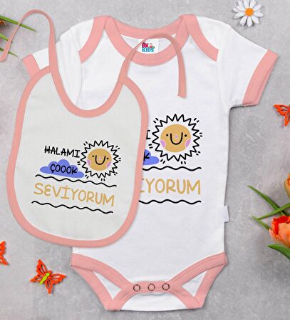 BK Kids Halamı Çok Seviyorum Tasarımlı Pembe Bebek Body Zıbın ve Mama Önlüğü Hediye Seti-1