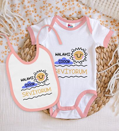 BK Kids Halamı Çok Seviyorum Tasarımlı Pembe Bebek Body Zıbın ve Mama Önlüğü Hediye Seti-1
