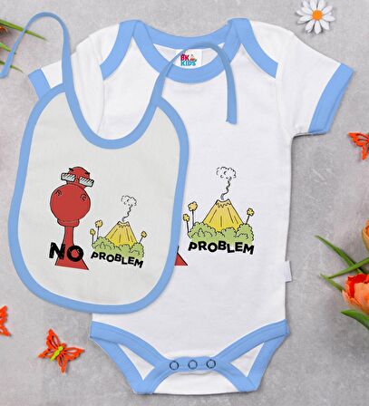 BK Kids No Problem Tasarımlı Mavi Bebek Body Zıbın ve Mama Önlüğü Hediye Seti-1