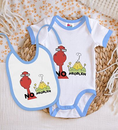 BK Kids No Problem Tasarımlı Mavi Bebek Body Zıbın ve Mama Önlüğü Hediye Seti-1