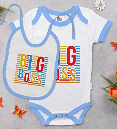 BK Kids Big Boss Tasarımlı Mavi Bebek Body Zıbın ve Mama Önlüğü Hediye Seti-1
