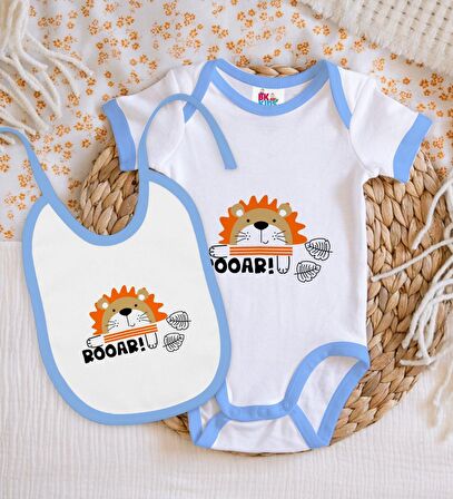 BK Kids Roar Tasarımlı Mavi Bebek Body Zıbın ve Mama Önlüğü Hediye Seti-1