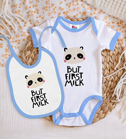 BK Kids But First Milk Tasarımlı Mavi Bebek Body Zıbın ve Mama Önlüğü Hediye Seti-1