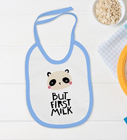 BK Kids But First Milk Tasarımlı Mavi Bebek Body Zıbın ve Mama Önlüğü Hediye Seti-1