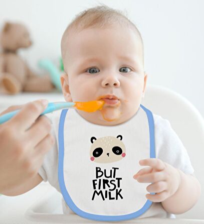 BK Kids But First Milk Tasarımlı Mavi Bebek Body Zıbın ve Mama Önlüğü Hediye Seti-1