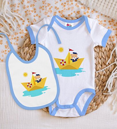 BK Kids Sevimli Kaptan Tasarımlı Mavi Bebek Body Zıbın ve Mama Önlüğü Hediye Seti-1