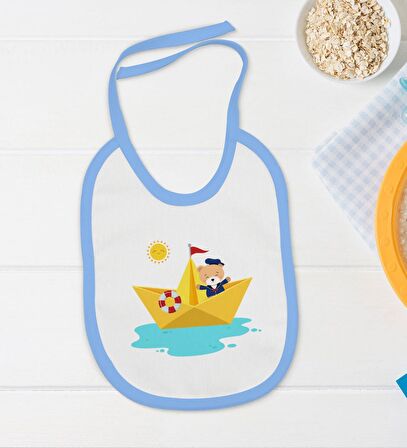 BK Kids Sevimli Kaptan Tasarımlı Mavi Bebek Body Zıbın ve Mama Önlüğü Hediye Seti-1