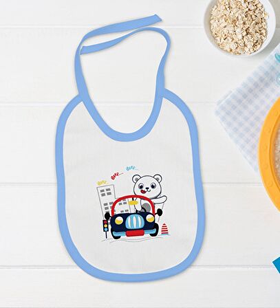 BK Kids Sevimli Sürücü Tasarımlı Mavi Bebek Body Zıbın ve Mama Önlüğü Hediye Seti-1