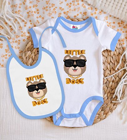 BK Kids Little Boss Tasarımlı Mavi Bebek Body Zıbın ve Mama Önlüğü Hediye Seti-1