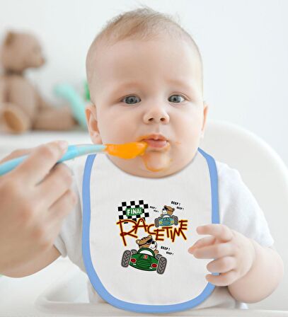 BK Kids Race Time Tasarımlı Mavi Bebek Body Zıbın ve Mama Önlüğü Hediye Seti-1