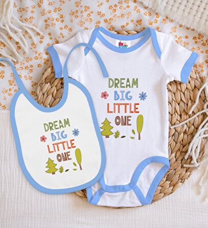 BK Kids Dream Big Little One Tasarımlı Mavi Bebek Body Zıbın ve Mama Önlüğü Hediye Seti-1