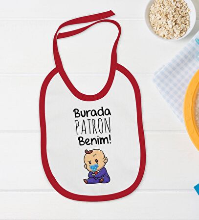 BK Kids Burada Patron Benim Tasarımlı Kırmızı Bebek Body Zıbın ve Mama Önlüğü Hediye Seti-1
