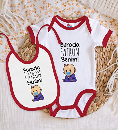 BK Kids Burada Patron Benim Tasarımlı Kırmızı Bebek Body Zıbın ve Mama Önlüğü Hediye Seti-1