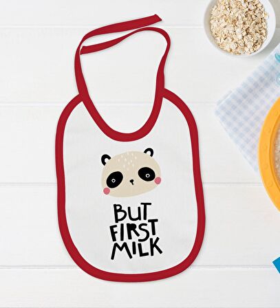 BK Kids But First Milk Tasarımlı Kırmızı Bebek Body Zıbın ve Mama Önlüğü Hediye Seti-1