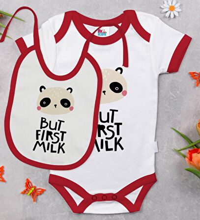 BK Kids But First Milk Tasarımlı Kırmızı Bebek Body Zıbın ve Mama Önlüğü Hediye Seti-1