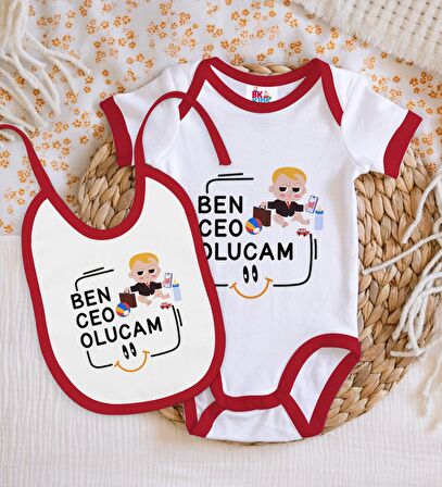 BK Kids Ceo Olucam Tasarımlı Kırmızı Bebek Body Zıbın ve Mama Önlüğü Hediye Seti-1