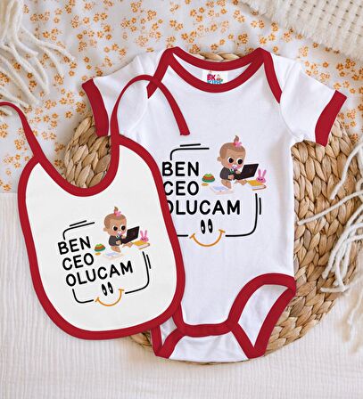 BK Kids Ceo Olucam Tasarımlı Kırmızı Bebek Body Zıbın ve Mama Önlüğü Hediye Seti-2