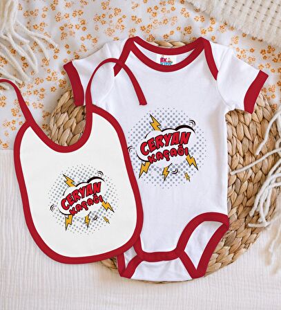 BK Kids Ceryan Kaçağı Tasarımlı Kırmızı Bebek Body Zıbın ve Mama Önlüğü Hediye Seti-2