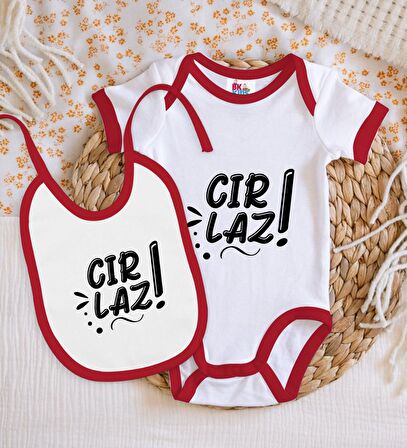 BK Kids Cırlaz Tasarımlı Kırmızı Bebek Body Zıbın ve Mama Önlüğü Hediye Seti-2