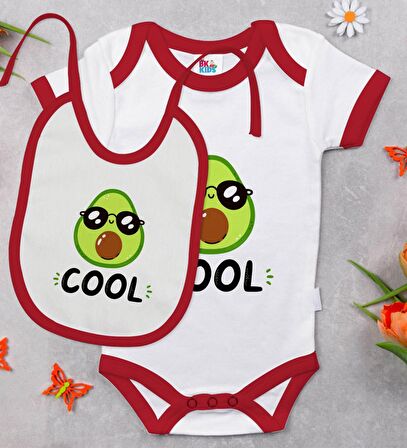 BK Kids Cool Tasarımlı Kırmızı Bebek Body Zıbın ve Mama Önlüğü Hediye Seti-1