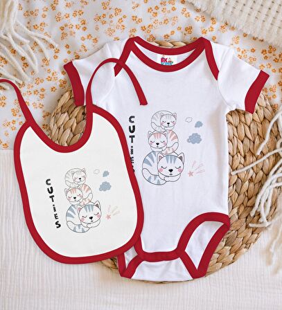 BK Kids Cuties Tasarımlı Kırmızı Bebek Body Zıbın ve Mama Önlüğü Hediye Seti-1