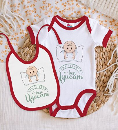 BK Kids Çok İlişmen Tasarımlı Kırmızı Bebek Body Zıbın ve Mama Önlüğü Hediye Seti-1